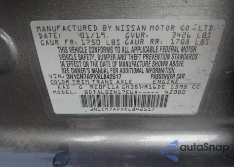 2019 Nissan Versa 1.6 Sv from USA, damaged, VIN 3N1CN7APXKL842517